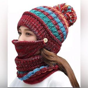 Women Winter Pompom Beanie Hat with Warm Fleece Lined Gaiter Scarf & Face Mask
